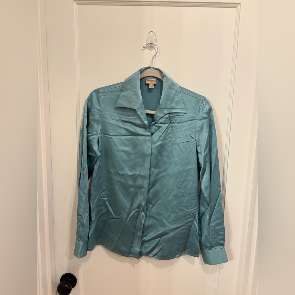 Nordstrom Studio 121 100% Silk Teal Shirt